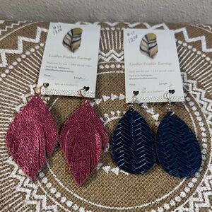 New Leather Feather Pink and Blue Leather Feather Earrings set of 2